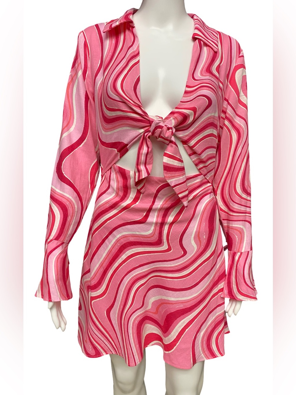 Zara Pink Retro Swirl Cutout Tie Front Mini Dress Women’s Small Long Sleeve